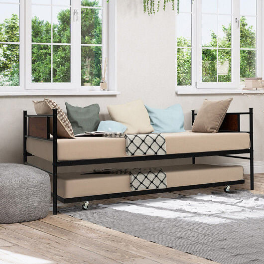 Twin size metal daybed frame with wooden headboard and a pullout trundle bed — view 2