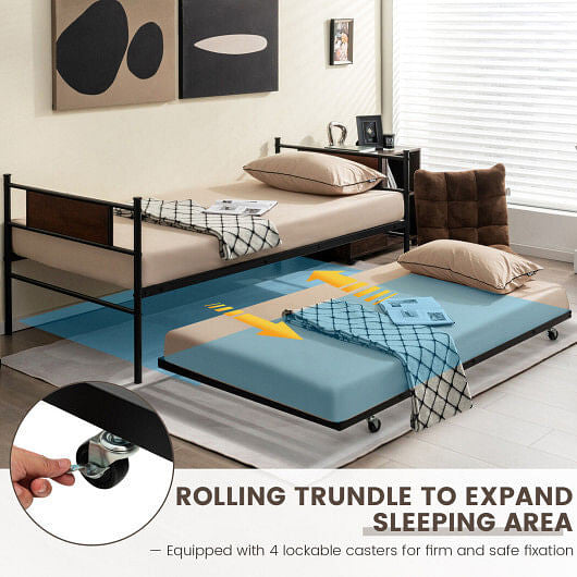 Twin size metal daybed frame with wooden headboard and a pullout trundle bed — view 4