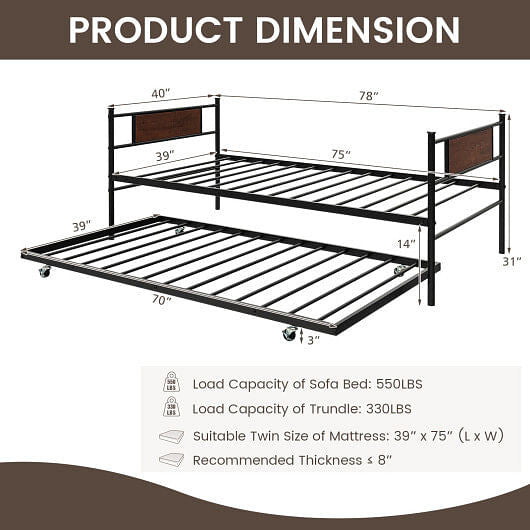 Twin size metal daybed frame with wooden headboard and a pullout trundle bed — view 5