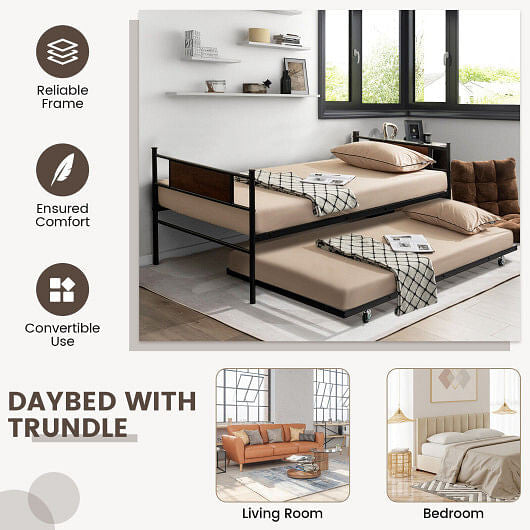 Twin size metal daybed frame with wooden headboard and a pullout trundle bed — view 3