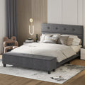 Full size upholstered bed frame with linen button tufted headboard and built-in storage ottoman footboard.