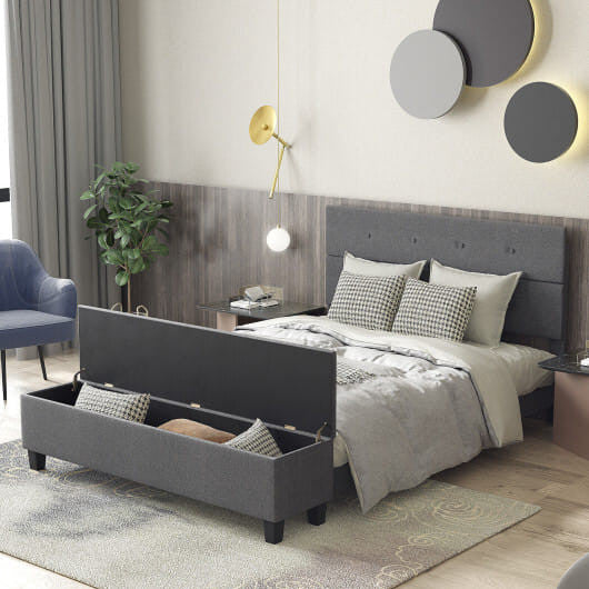 Full size upholstered bed frame with linen button tufted headboard and built-in storage ottoman footboard. — view 2