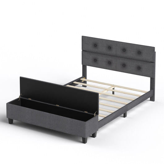 Full size upholstered bed frame with linen button tufted headboard and built-in storage ottoman footboard. — view 3