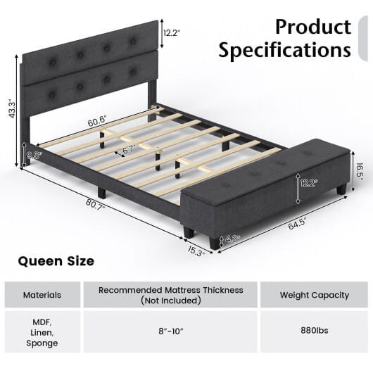 Full size upholstered bed frame with linen button tufted headboard and built-in storage ottoman footboard. — view 4