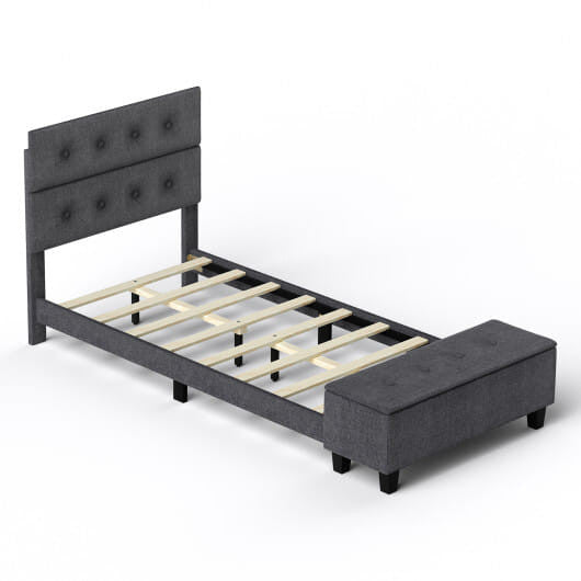 Full size upholstered bed frame with linen button tufted headboard and built-in storage ottoman footboard. — view 5