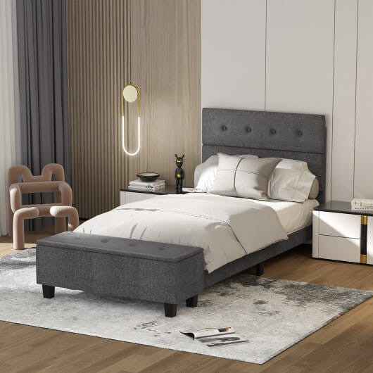 Full size upholstered bed frame with linen button tufted headboard and built-in storage ottoman footboard. — view 6