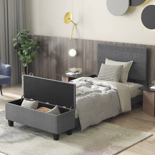 Full size upholstered bed frame with linen button tufted headboard and built-in storage ottoman footboard. — view 7