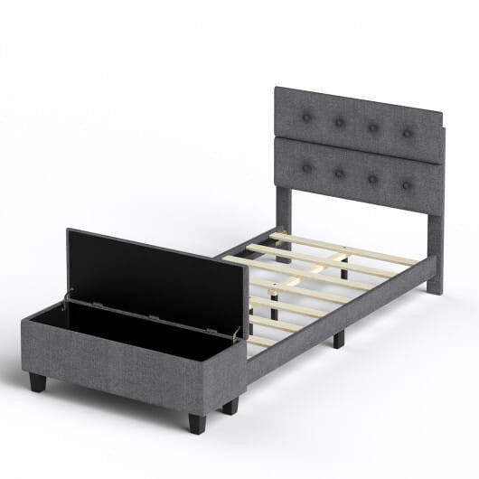 Full size upholstered bed frame with linen button tufted headboard and built-in storage ottoman footboard. — view 8