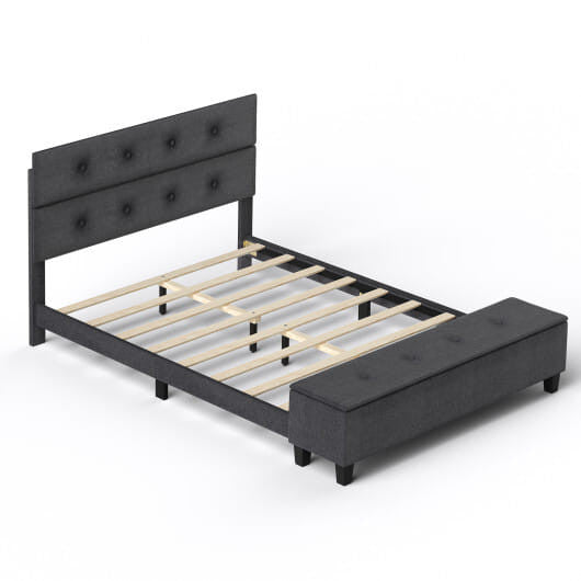 Full size upholstered bed frame with linen button tufted headboard and built-in storage ottoman footboard. — view 10