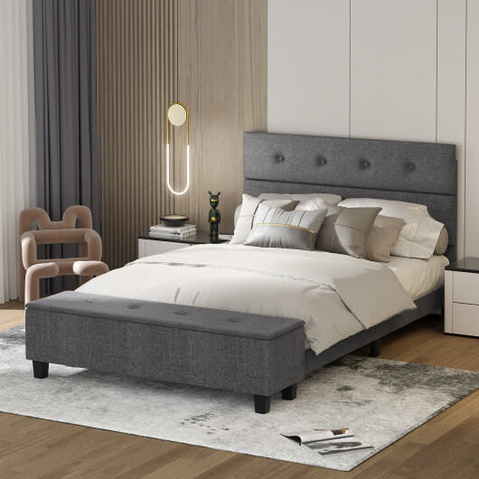 Full size upholstered bed frame with linen button tufted headboard and built-in storage ottoman footboard. — view 11