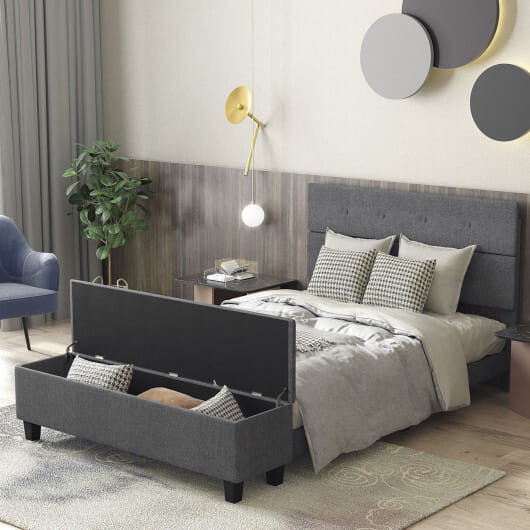 Full size upholstered bed frame with linen button tufted headboard and built-in storage ottoman footboard. — view 12