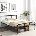 Black metal full bed frame with headboard, footboard, and under-bed storage space