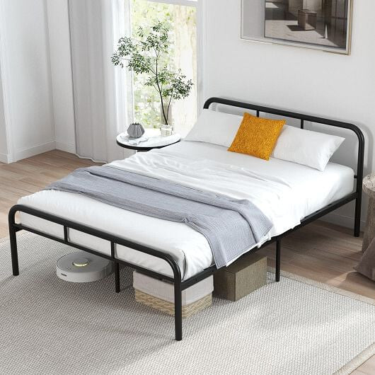 Black metal full bed frame with headboard, footboard, and under-bed storage space — view 2
