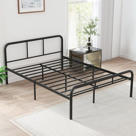 Black metal full bed frame with headboard, footboard, and under-bed storage space — view 3