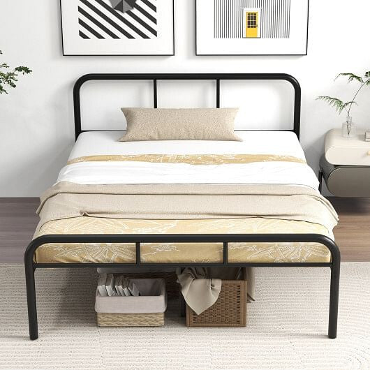 Black metal full bed frame with headboard, footboard, and under-bed storage space — view 4