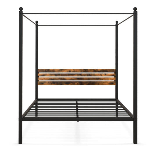 Rustic metal canopy bed frame with headboard and twelve inches of under bed storage space