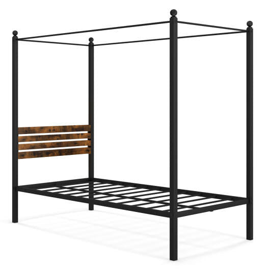 Rustic metal canopy bed frame with headboard and twelve inches of under bed storage space — view 2