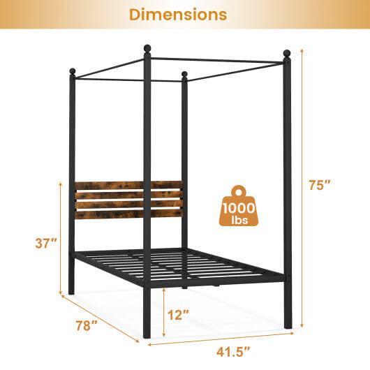 Rustic metal canopy bed frame with headboard and twelve inches of under bed storage space — view 3