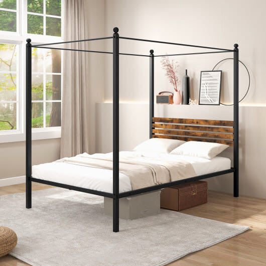 Rustic metal canopy bed frame with headboard and twelve inches of under bed storage space — view 4
