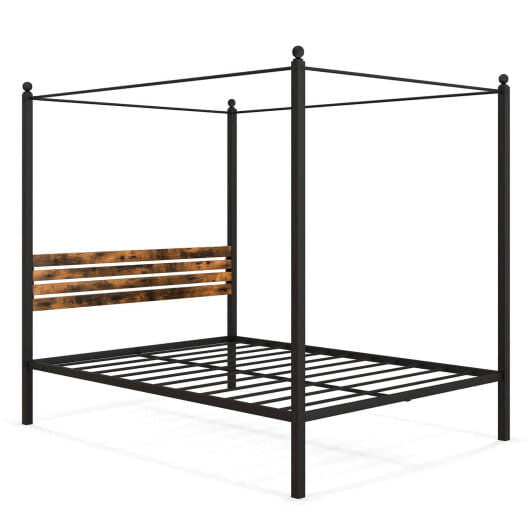 Rustic metal canopy bed frame with headboard and twelve inches of under bed storage space — view 7