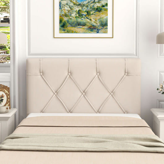 Beige twin upholstered headboard with button tufted design and fabric cover for bed frames — view 2