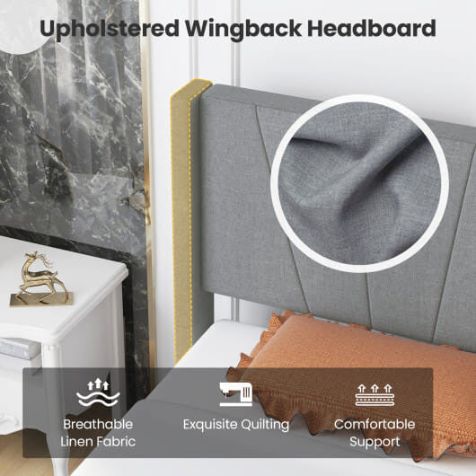 Twin wingback bed frame in linen upholstery with quilted headboard and sturdy solid wood legs — view 9