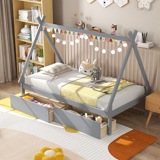 Gray twin size wooden house bed frame with tent roof and two under bed storage drawers
