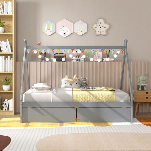 Gray twin size wooden house bed frame with tent roof and two under bed storage drawers — view 2