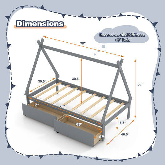Gray twin size wooden house bed frame with tent roof and two under bed storage drawers — view 3