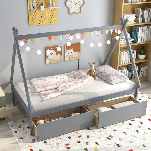 Gray twin size wooden house bed frame with tent roof and two under bed storage drawers — view 4