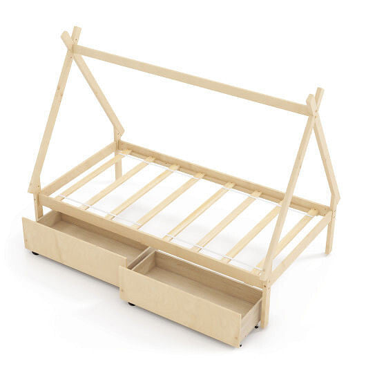 Gray twin size wooden house bed frame with tent roof and two under bed storage drawers — view 5