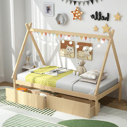 Gray twin size wooden house bed frame with tent roof and two under bed storage drawers — view 6