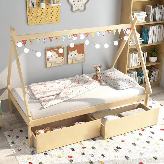 Gray twin size wooden house bed frame with tent roof and two under bed storage drawers — view 7