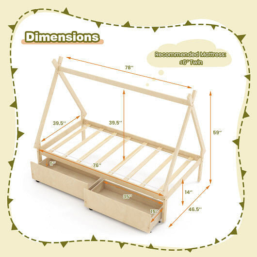 Gray twin size wooden house bed frame with tent roof and two under bed storage drawers — view 8