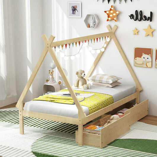 Gray twin size wooden house bed frame with tent roof and two under bed storage drawers — view 9
