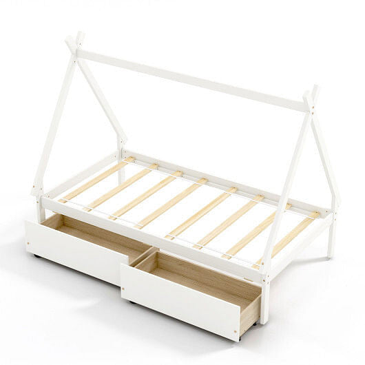 Gray twin size wooden house bed frame with tent roof and two under bed storage drawers — view 10