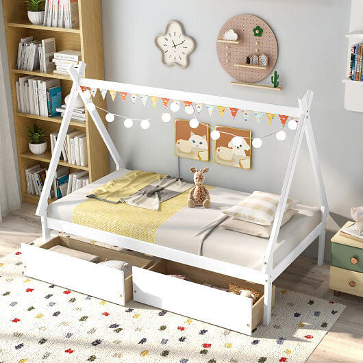 Gray twin size wooden house bed frame with tent roof and two under bed storage drawers — view 11