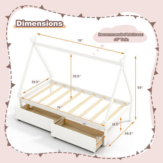 Gray twin size wooden house bed frame with tent roof and two under bed storage drawers — view 13