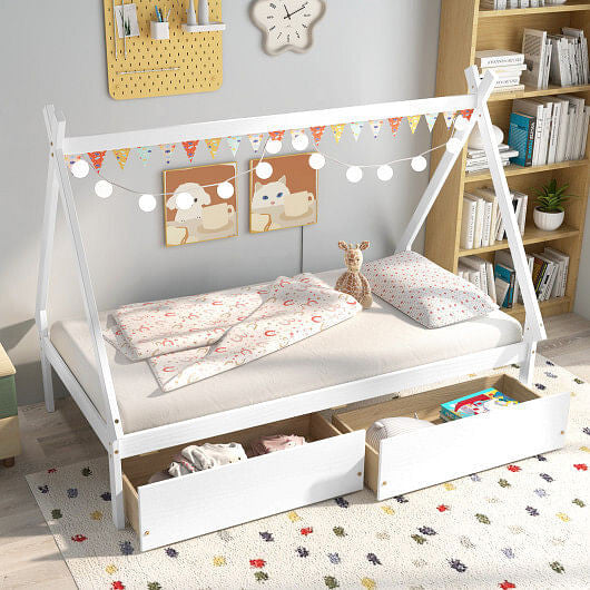 Gray twin size wooden house bed frame with tent roof and two under bed storage drawers — view 14