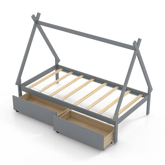 Gray twin size wooden house bed frame with tent roof and two under bed storage drawers — view 15