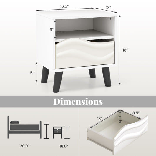 White mid-century modern nightstand featuring a 3D wavy drawer, open shelf, and tapered wooden legs — view 4