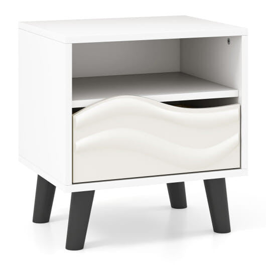White mid-century modern nightstand featuring a 3D wavy drawer, open shelf, and tapered wooden legs — view 5