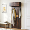 Rustic brown wooden wall mounted coat rack with five metal hooks and upper storage shelf
