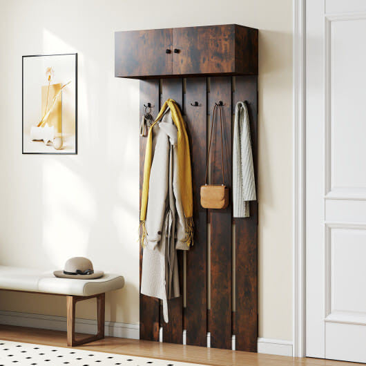 Rustic brown wooden wall mounted coat rack with five metal hooks and upper storage shelf