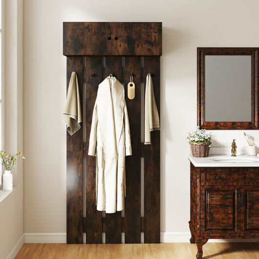 Rustic brown wooden wall mounted coat rack with five metal hooks and upper storage shelf — view 2