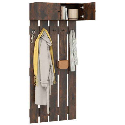 Rustic brown wooden wall mounted coat rack with five metal hooks and upper storage shelf — view 3
