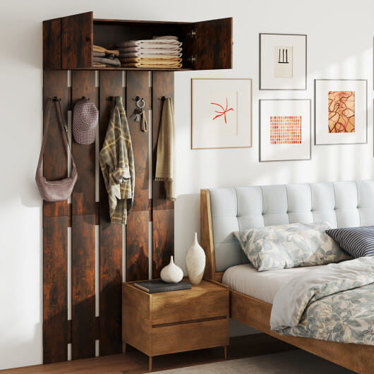 Rustic brown wooden wall mounted coat rack with five metal hooks and upper storage shelf — view 4