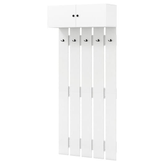 Rustic brown wooden wall mounted coat rack with five metal hooks and upper storage shelf — view 5