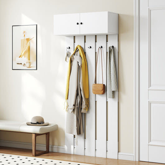 Rustic brown wooden wall mounted coat rack with five metal hooks and upper storage shelf — view 6