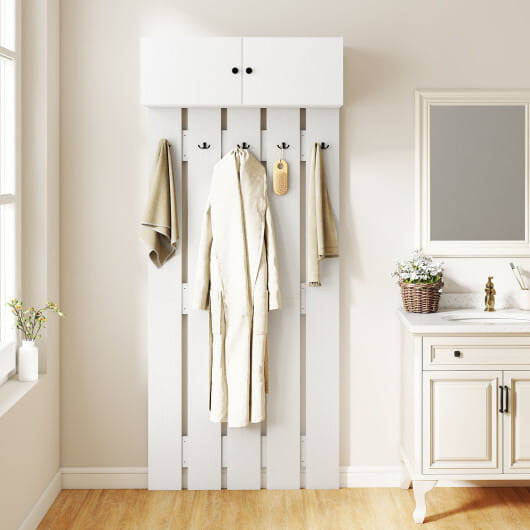Rustic brown wooden wall mounted coat rack with five metal hooks and upper storage shelf — view 7